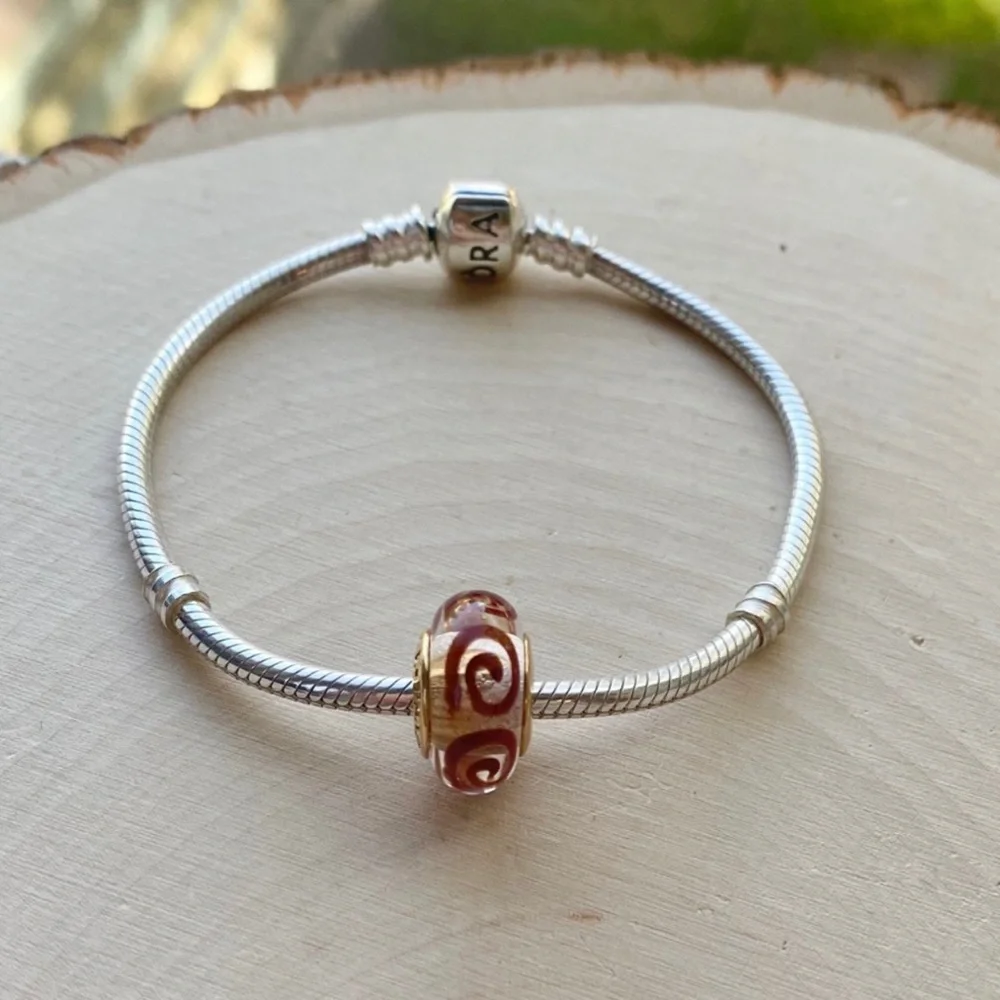 NEW Pandora RETIRED RARE 14k Gold Glass Red Swirl Murano Charm - Picture 2 of 16